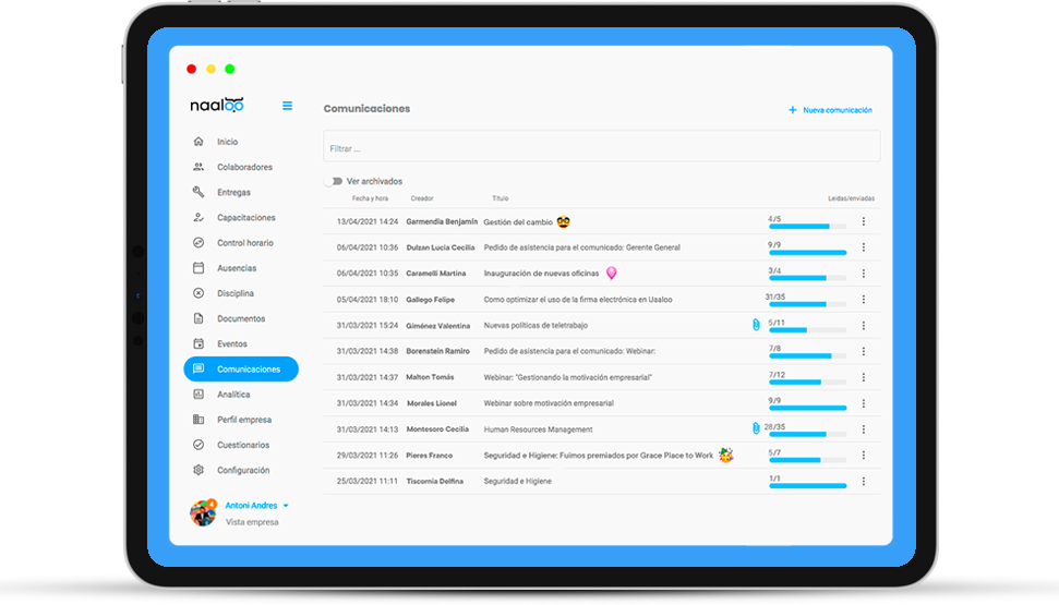 Comunicaciones internas en Naaloo - Software de Recursos Humanos para pymes