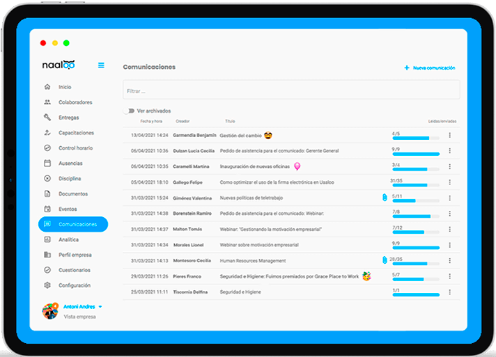 Gestión digital de Comunicaciones en Naaloo
