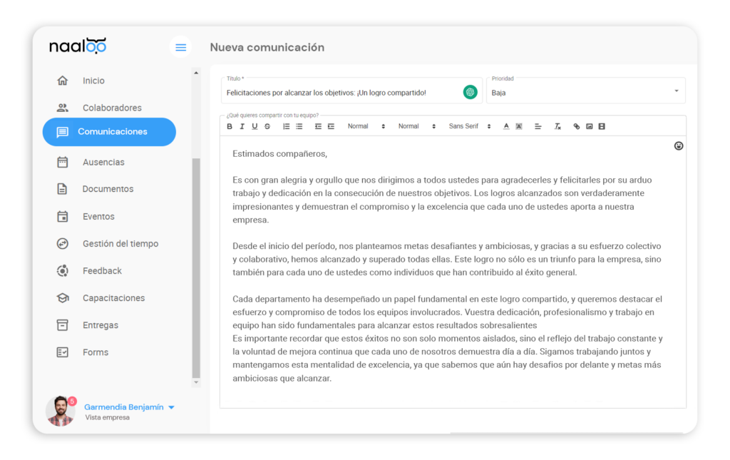 Comunicaciones con Inteligencia Artificial en Naaloo - Software de Recursos Humanos para pymes